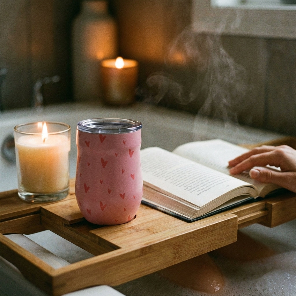 In-Use shot - Pink 16 oz insulated wine tumbler featuring a pattern of red hearts in various sizes and a clear leakproof lid, set against a soft natural background.