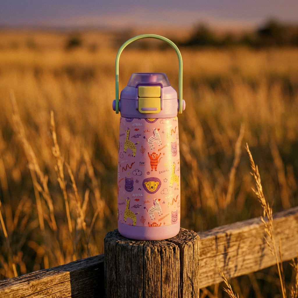 Lifestyle shot - Pink stainless steel kids water bottle with cartoon safari animals including giraffe, zebra, and lion, featuring a purple lid and green handle.