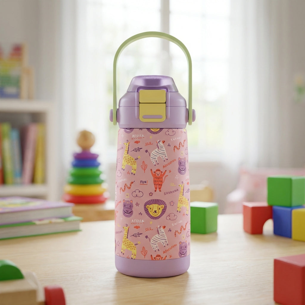  Pink stainless steel kids water bottle with cartoon safari animals including giraffe, zebra, and lion, featuring a purple lid and green handle.