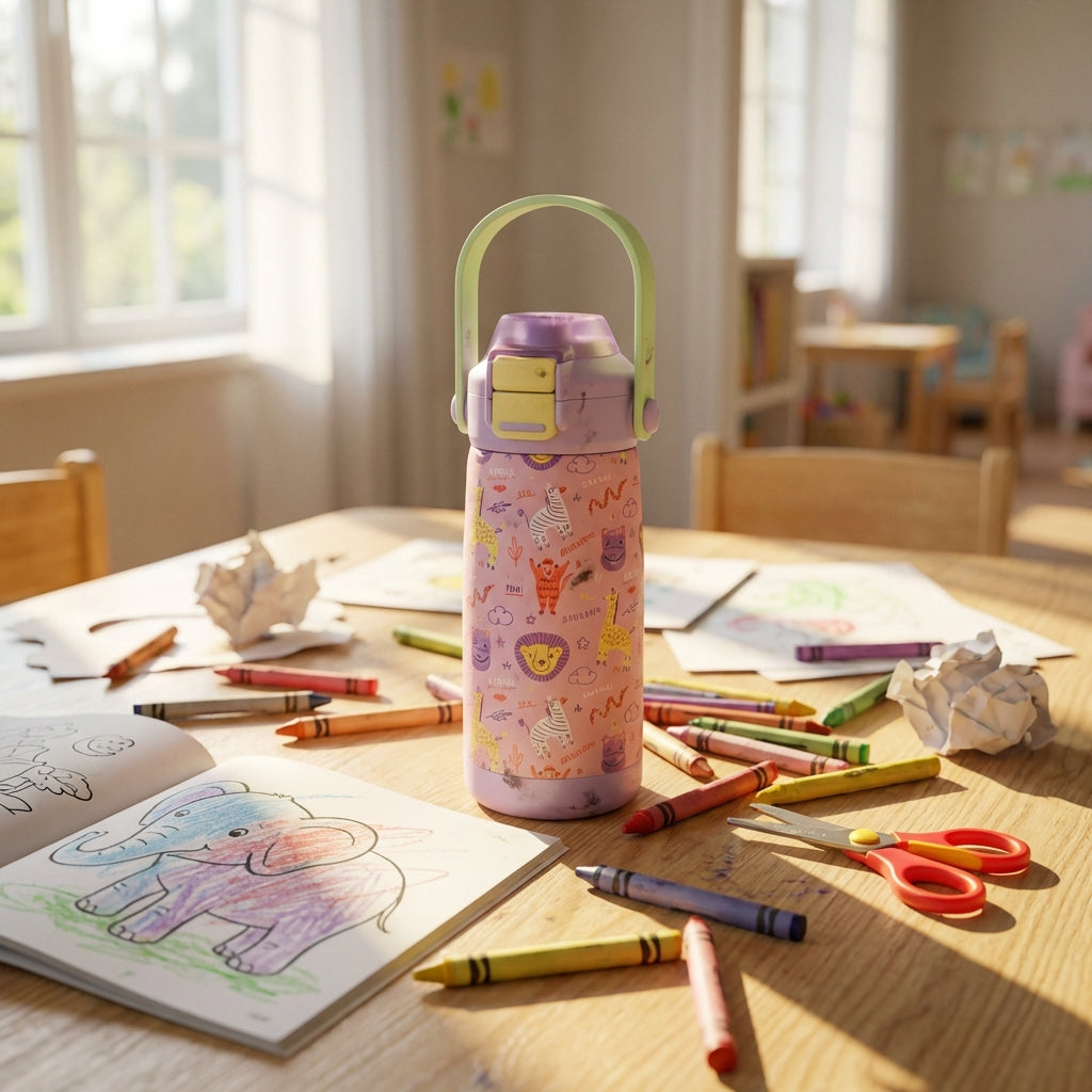 In-Use shot - Pink stainless steel kids water bottle with cartoon safari animals including giraffe, zebra, and lion, featuring a purple lid and green handle.