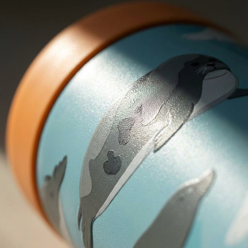 Detail shot - LAMOSE Goose 14oz kids water bottle featuring a light blue body with a pattern of gray and white cartoon seals, orange bottom bumper, and green handle.