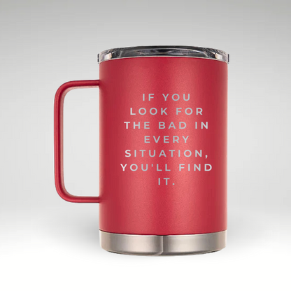 Inspire Every Sip with Positivity Insulated mug with inspirational quote on a light background 