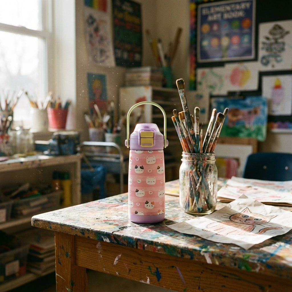 In-Use shot - Pink and white striped kids water bottle featuring cartoon cat faces, hearts, and a light green handle.