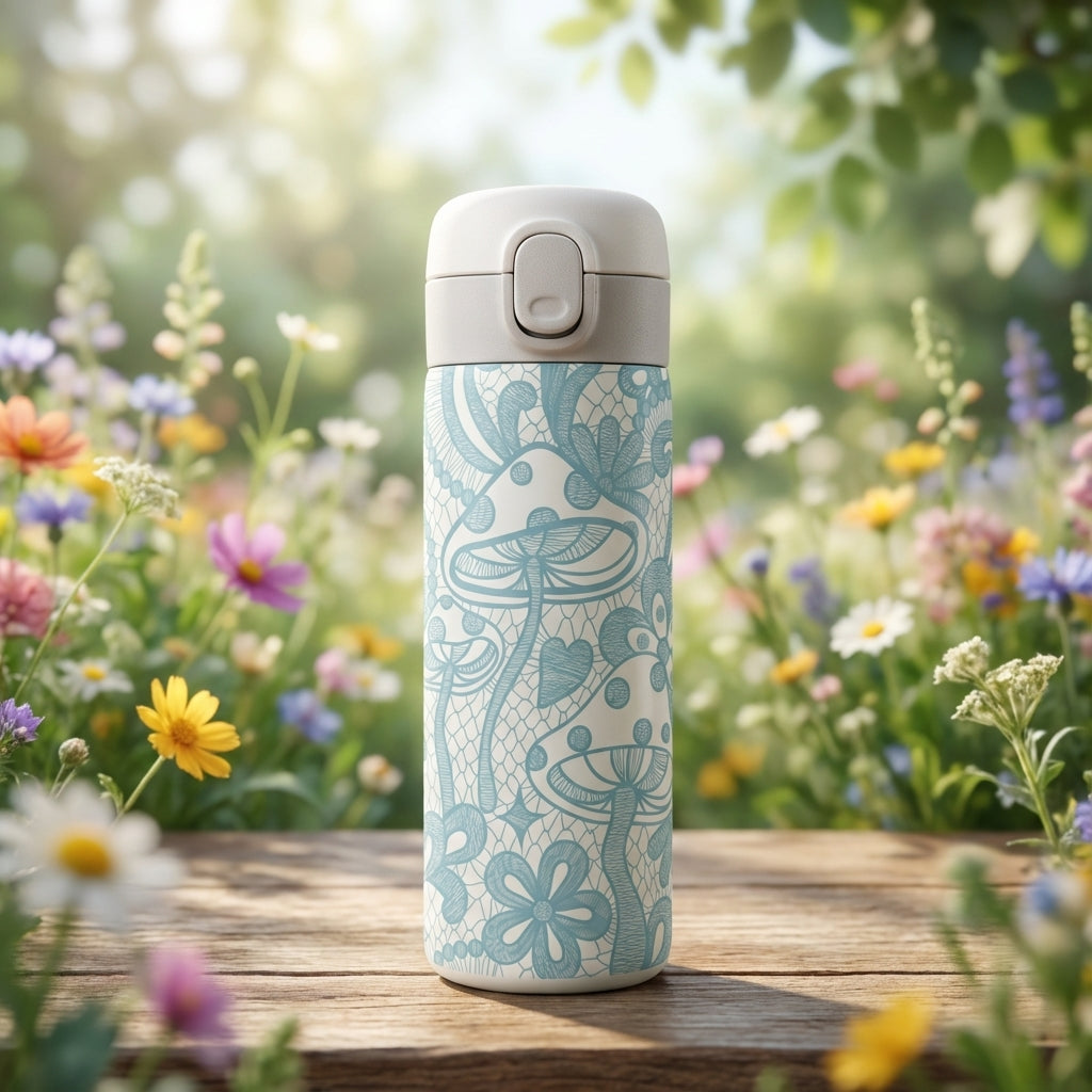 LAMOSE Emerald 12 oz travel mug featuring off-white body with intricate light blue mushroom and floral lace pattern, grey flip lid.