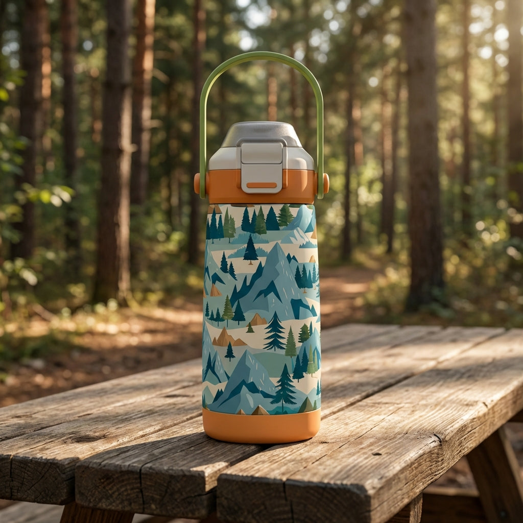 LAMOSE Goose 14 oz kids water bottle featuring a pattern of blue mountains and green trees on a tan background with an orange and green handle.