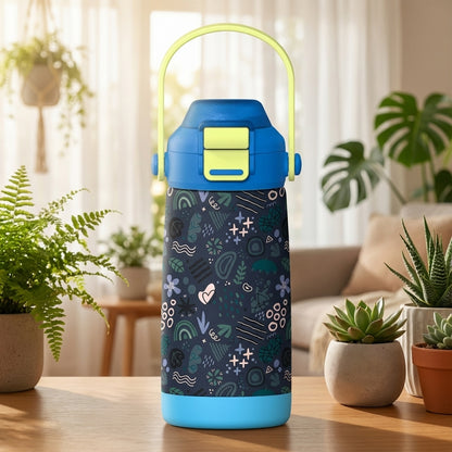 LAMOSE Goose 14 oz kids water bottle featuring light blue base and cap, green handle, and a dark blue body with abstract leaves, hearts, and geometric shapes.