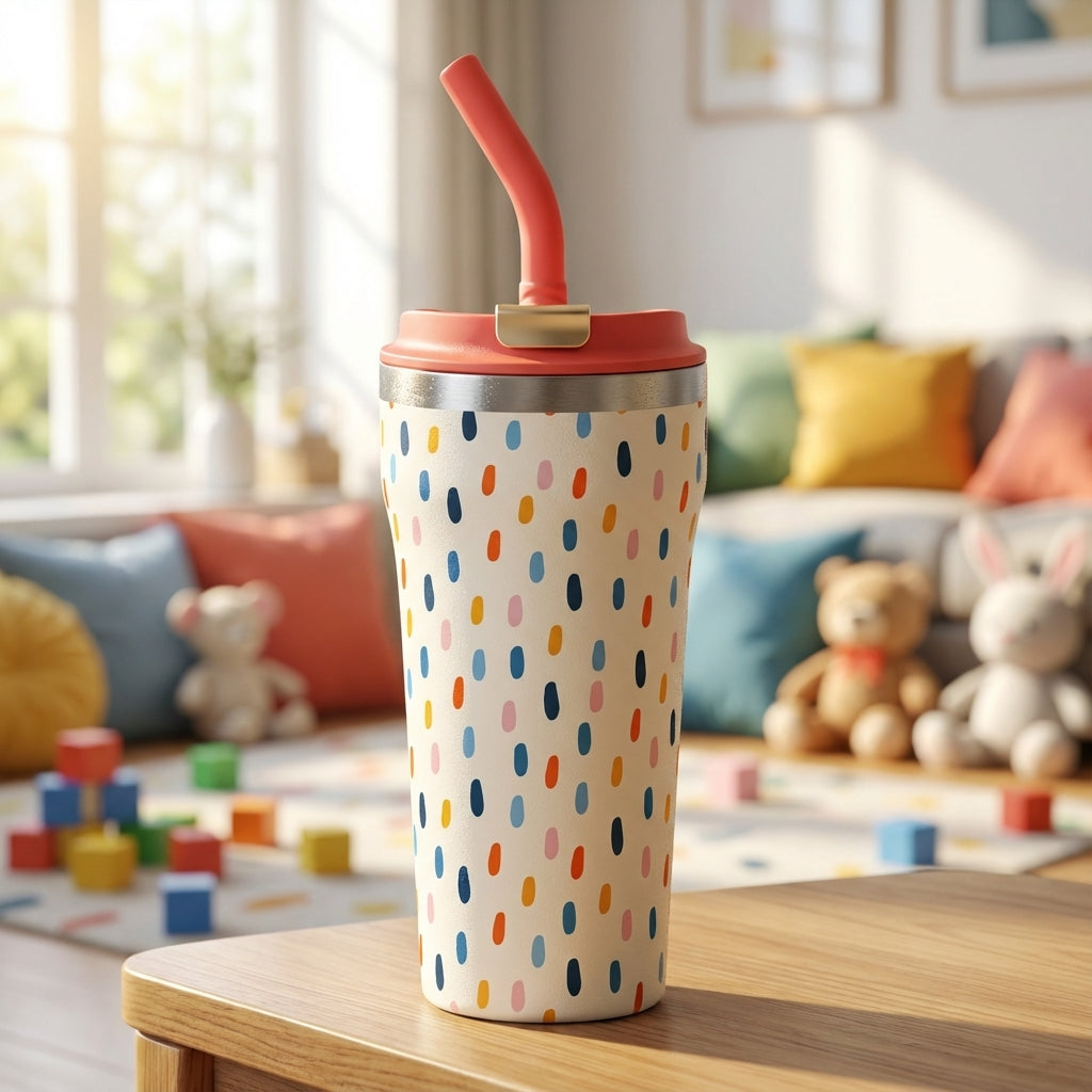 Off-white 16 oz insulated tumbler featuring colorful confetti dot pattern, coral lid with gold clasp, and straw sitting on a wooden table.