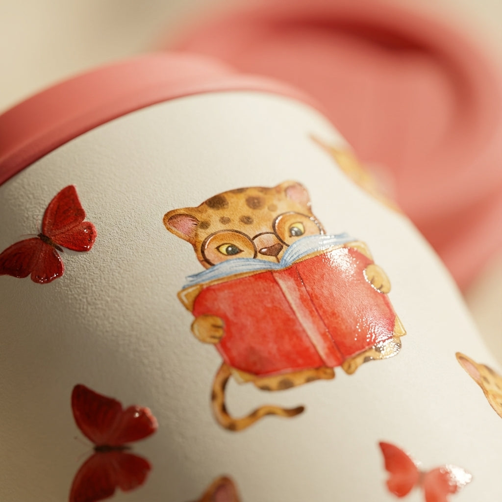 Detail shot - Creamy white 16 oz insulated tumbler featuring illustrated leopard cubs reading books and wearing glasses, resting on a stack of hardcover books in a cozy library setting.