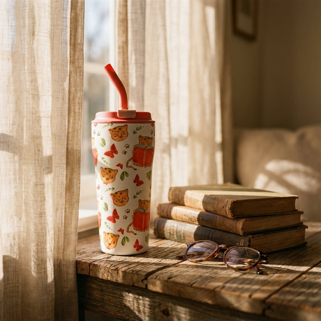Lifestyle shot - Creamy white 16 oz insulated tumbler featuring illustrated leopard cubs reading books and wearing glasses, resting on a stack of hardcover books in a cozy library setting.