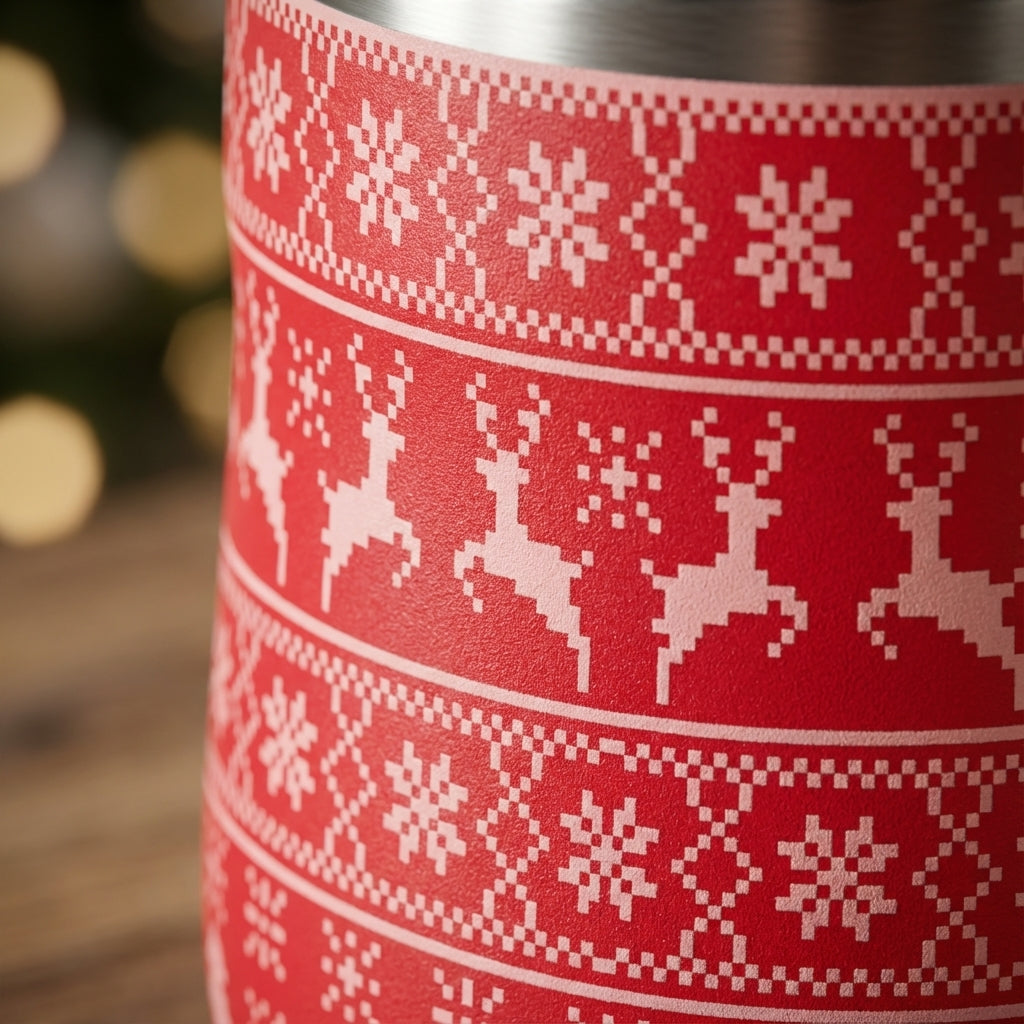 Detail shot - Red stainless steel wine tumbler featuring a white pixelated Christmas sweater pattern with reindeer and snowflakes.