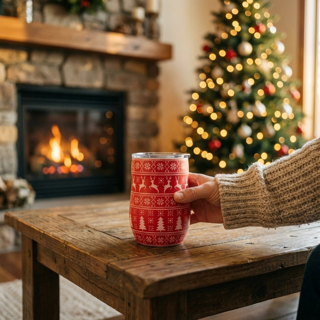 Lifestyle shot - Red stainless steel wine tumbler featuring a white pixelated Christmas sweater pattern with reindeer and snowflakes.
