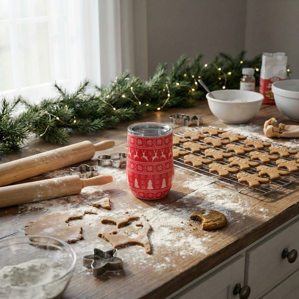 In-Use shot - Red stainless steel wine tumbler featuring a white pixelated Christmas sweater pattern with reindeer and snowflakes.