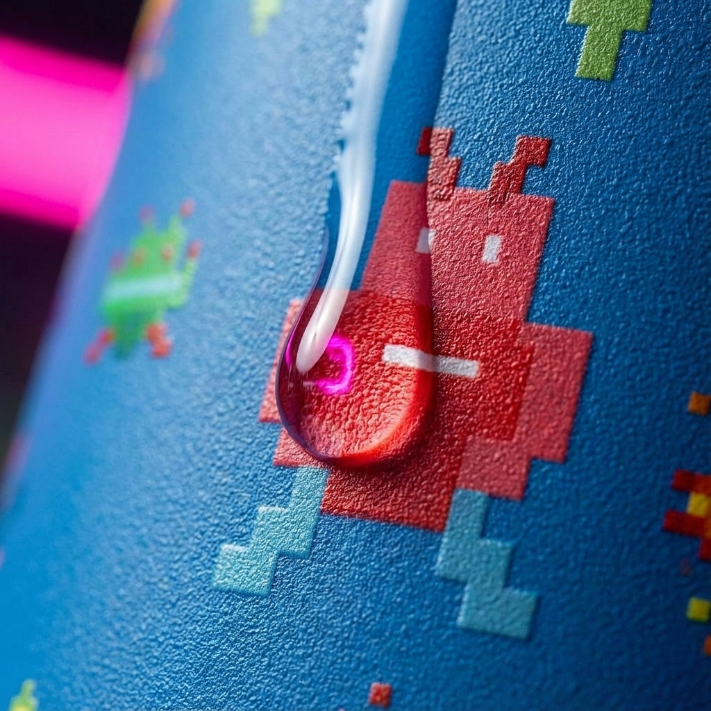 Detail shot - Blue LAMOSE Grouse 12 oz tumbler featuring pixel art robots, aliens, and rockets sitting on a vintage arcade game control panel.