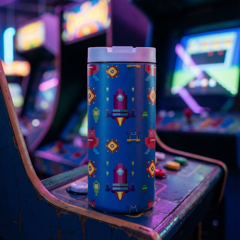 Lifestyle shot - Blue LAMOSE Grouse 12 oz tumbler featuring pixel art robots, aliens, and rockets sitting on a vintage arcade game control panel.