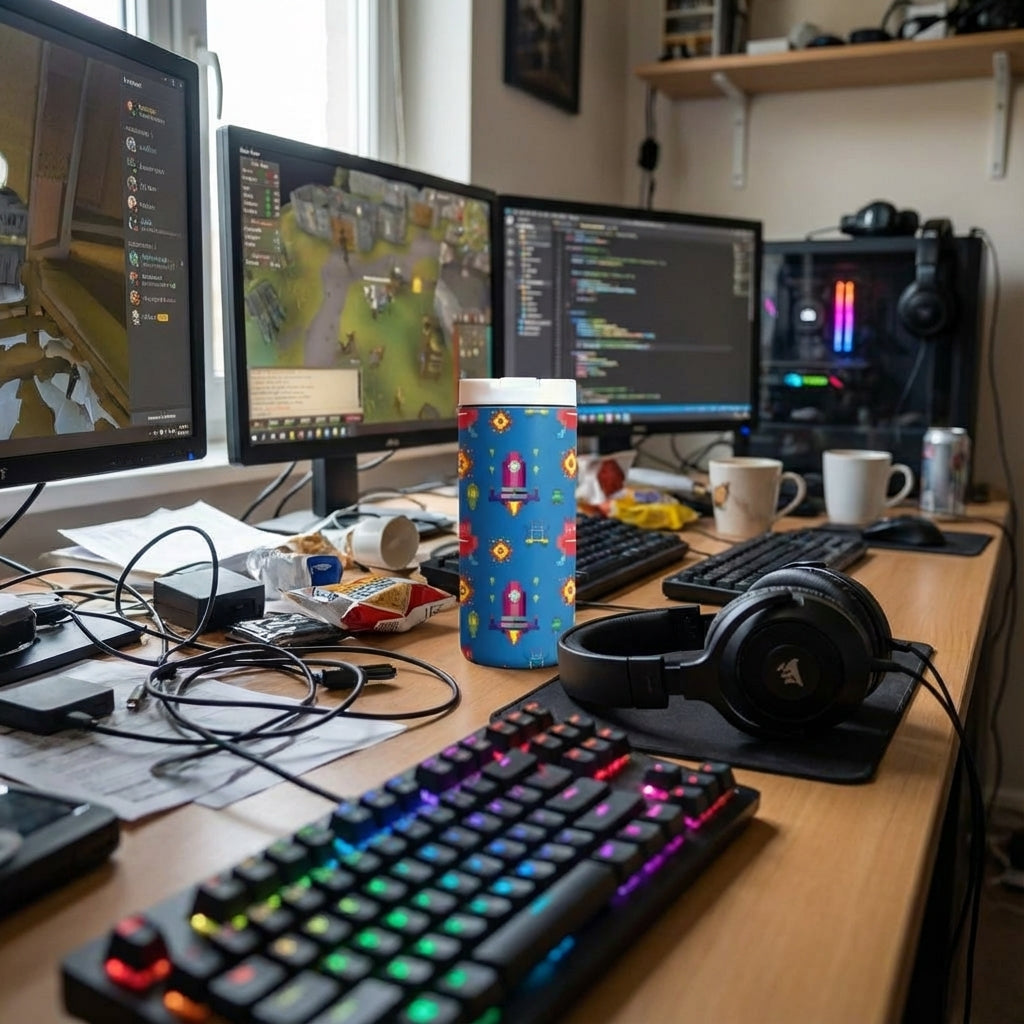 In-Use shot - Blue LAMOSE Grouse 12 oz tumbler featuring pixel art robots, aliens, and rockets sitting on a vintage arcade game control panel.