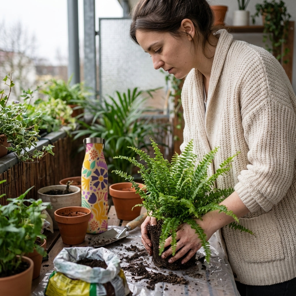 In-Use shot - Cream colored LAMOSE Robson 21 oz water bottle featuring vibrant abstract purple, teal, and orange floral pattern sitting on a bohemian rug.