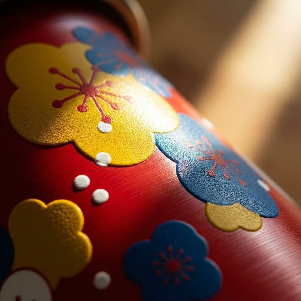 Detail shot - Robson 21 oz red stainless steel water bottle with yellow and blue floral pattern sitting on a wooden outdoor café table in the sun.
