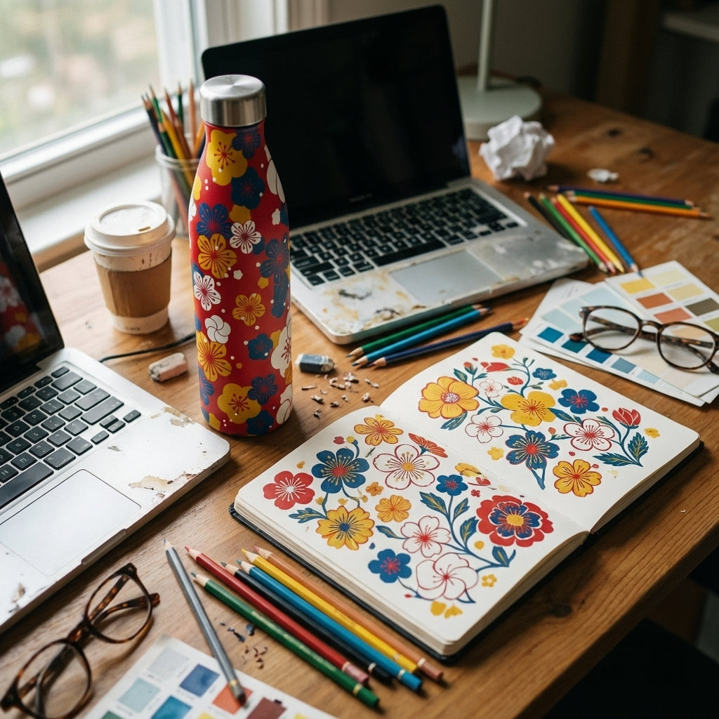 In-Use shot - Robson 21 oz red stainless steel water bottle with yellow and blue floral pattern sitting on a wooden outdoor café table in the sun.