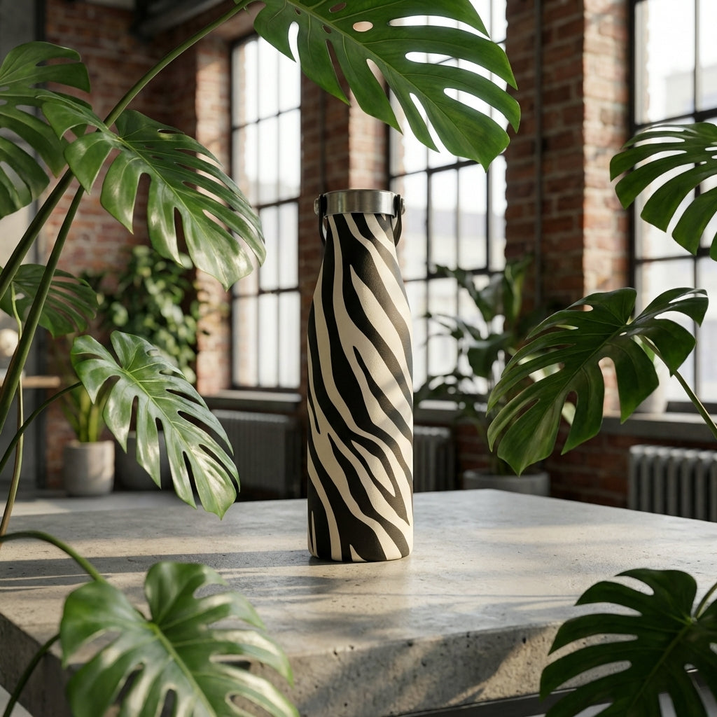 Lifestyle shot - Robson 21oz water bottle featuring a black and cream zebra pattern, standing on a concrete surface in a sunlit industrial loft.