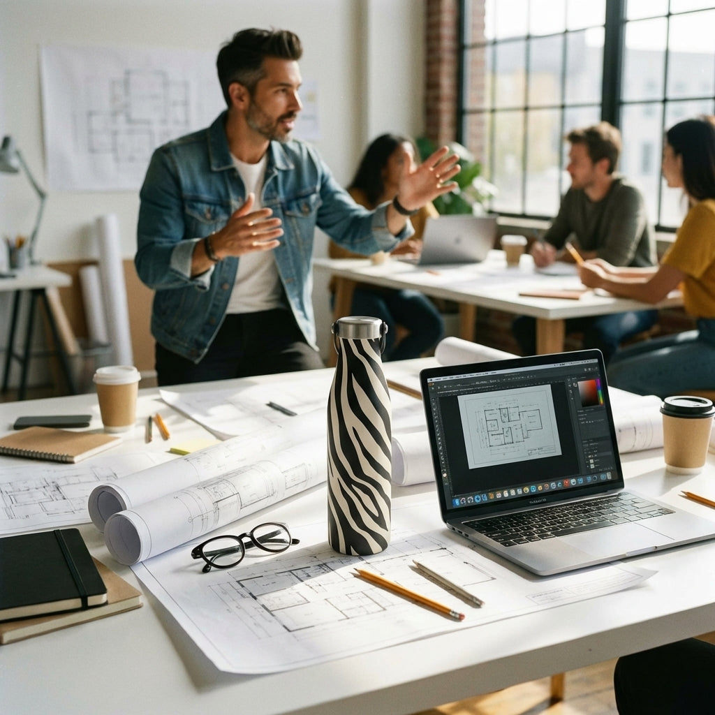 In-Use shot - Robson 21oz water bottle featuring a black and cream zebra pattern, standing on a concrete surface in a sunlit industrial loft.