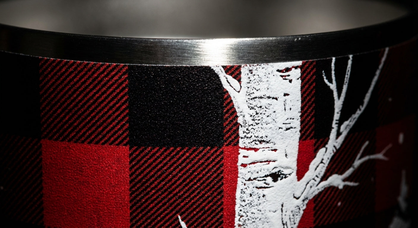 Detail shot - LAMOSE Whistler 16 oz insulated wine tumbler featuring a red and black plaid pattern with white birch trees and a deer design.