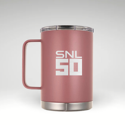 Dusty Pink (Rose gold) insulated mug featuring 'SNL 50' engraving, celebrating the 50th anniversary of Saturday Night Live, perfect for fans and collectors. 
