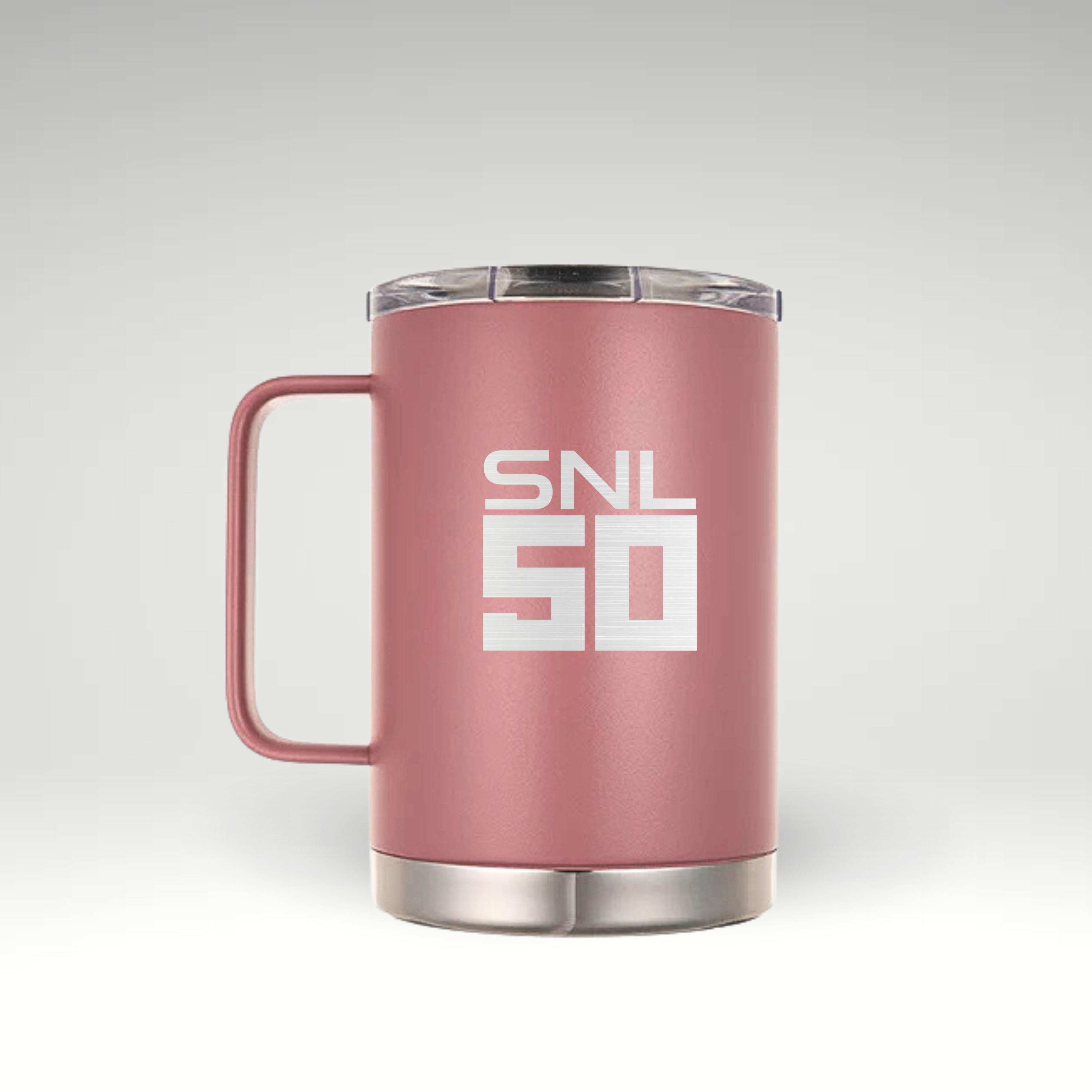 Dusty Pink (Rose gold) insulated mug featuring 'SNL 50' engraving, celebrating the 50th anniversary of Saturday Night Live, perfect for fans and collectors. 
