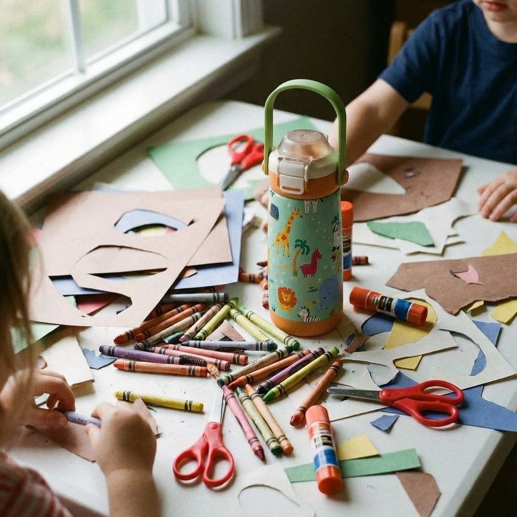 In-Use shot - Light green LAMOSE Goose 14oz water bottle with orange lid featuring a pattern of cartoon safari animals including giraffes, lions, and elephants.