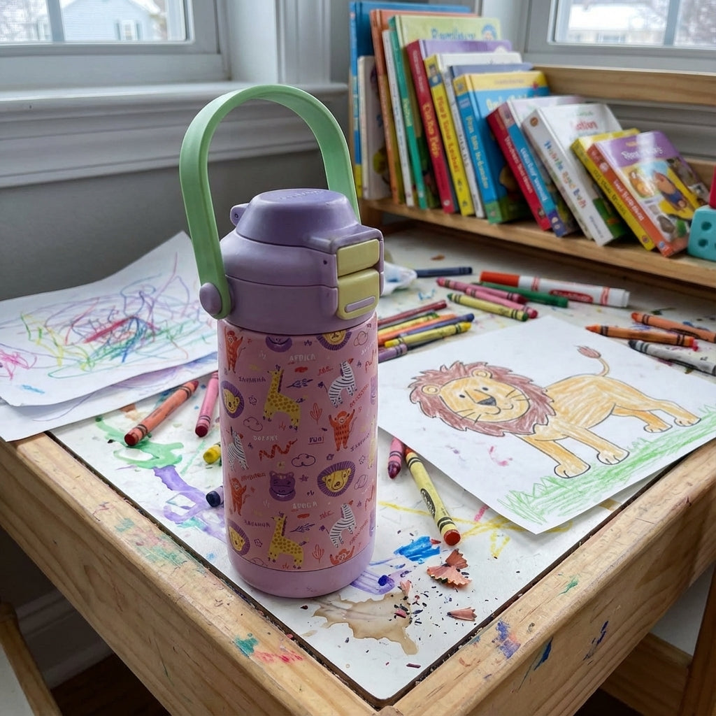 In-Use shot - LAMOSE Goose 14oz kids water bottle featuring pink safari animal print with lions and zebras, lavender lid and green handle, sitting among wooden blocks.