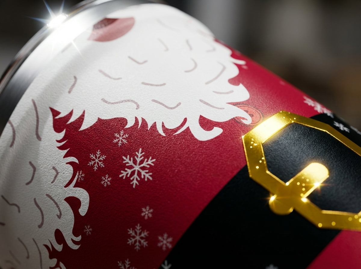 Detail shot - LAMOSE Peyto 16oz silver stainless steel tumbler featuring a red Santa Claus suit design with black belt, gold buckle, and white snowflakes