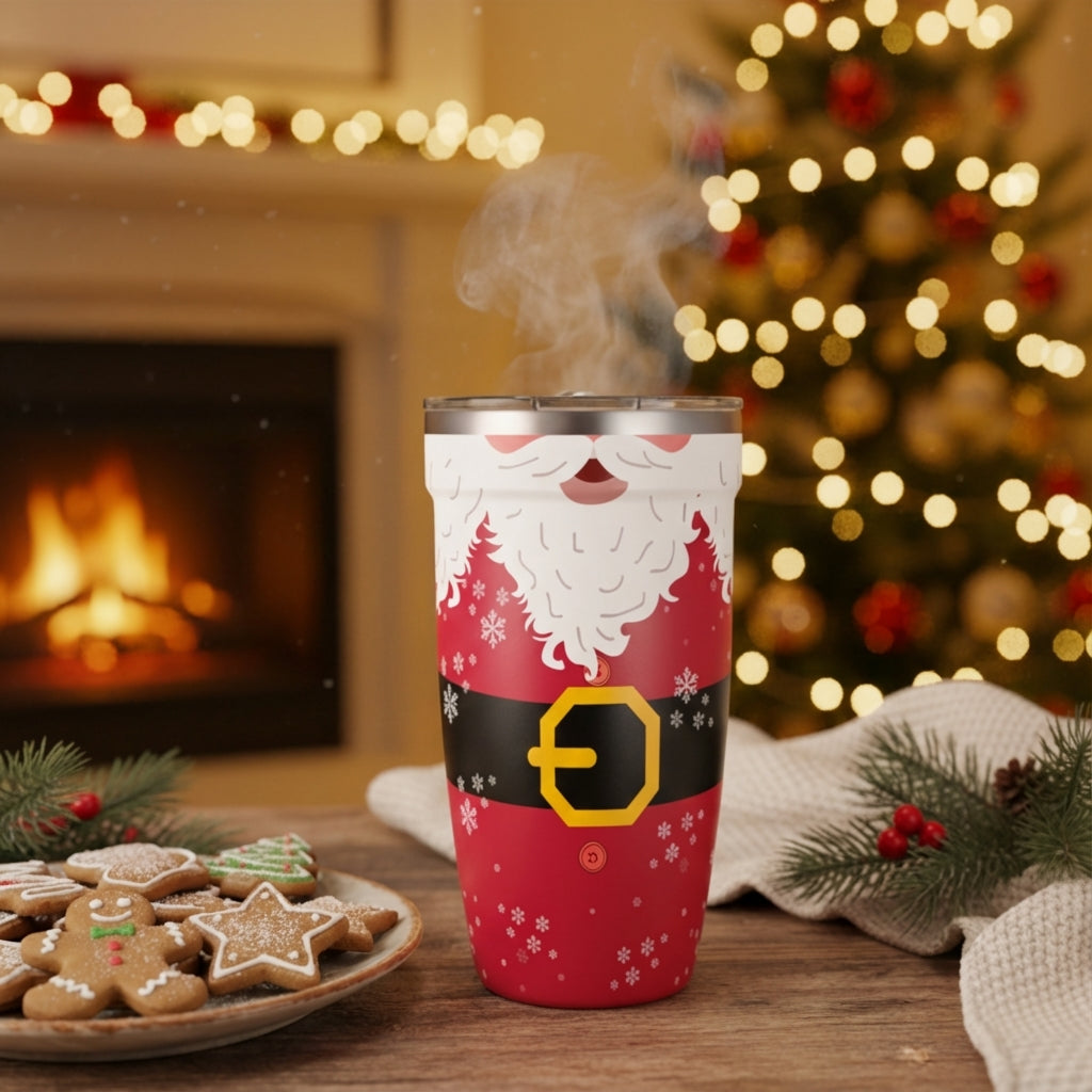 Lifestyle shot - LAMOSE Peyto 16oz silver stainless steel tumbler featuring a red Santa Claus suit design with black belt, gold buckle, and white snowflakes