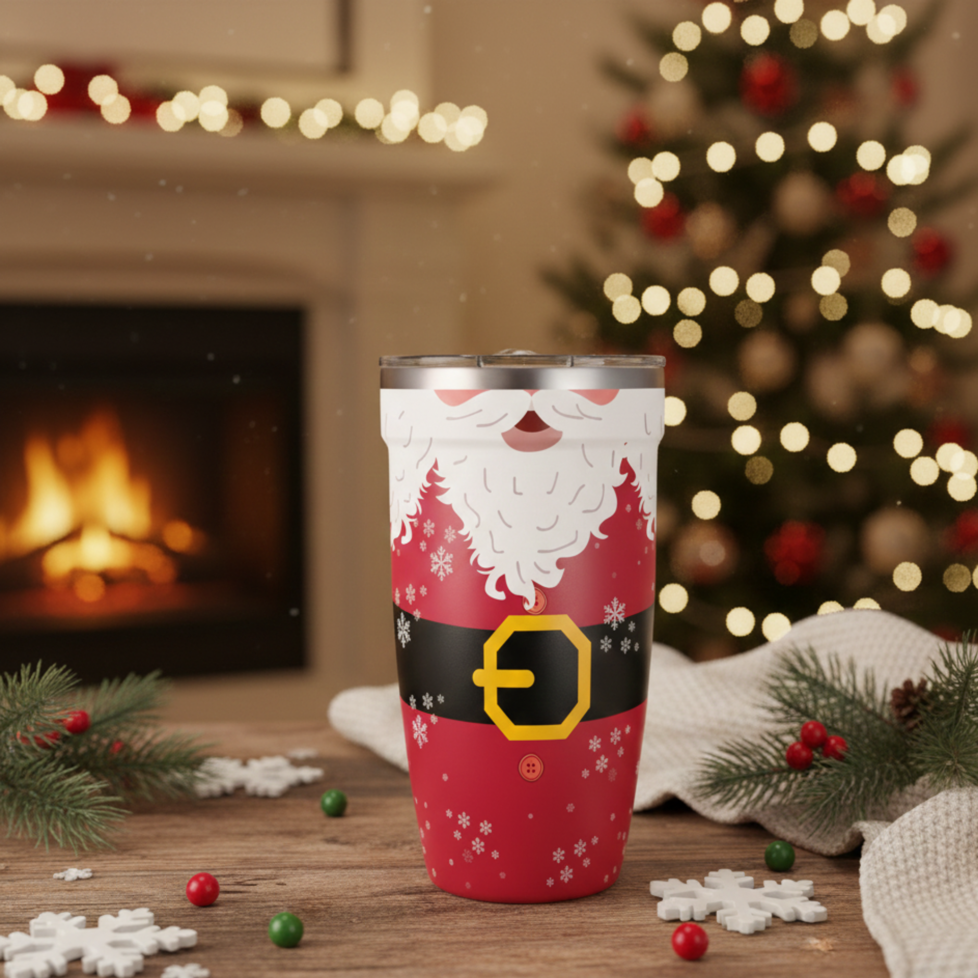  LAMOSE Peyto 16oz silver stainless steel tumbler featuring a red Santa Claus suit design with black belt, gold buckle, and white snowflakes