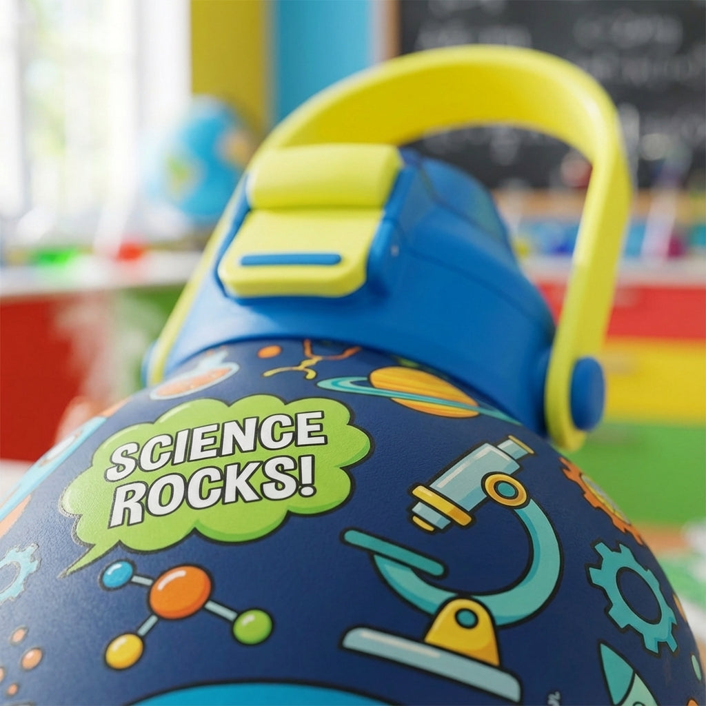 Detail shot - LAMOSE Goose 14oz kids water bottle in dark blue featuring colorful science illustrations like rockets, planets, and microscopes with a yellow handle.