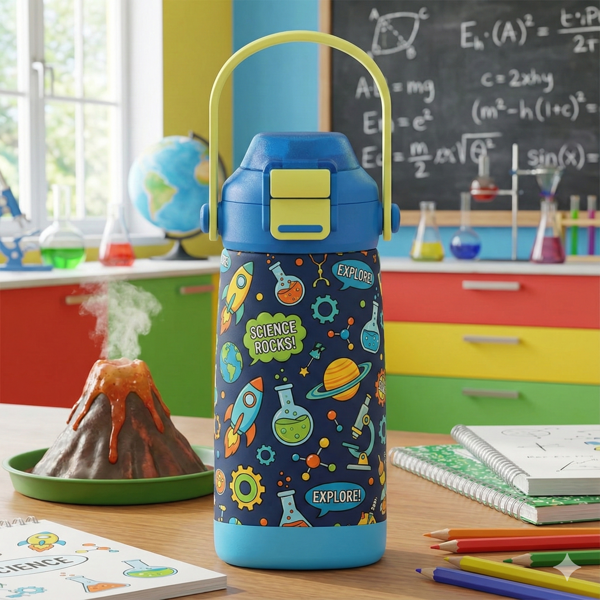  LAMOSE Goose 14oz kids water bottle in dark blue featuring colorful science illustrations like rockets, planets, and microscopes with a yellow handle.