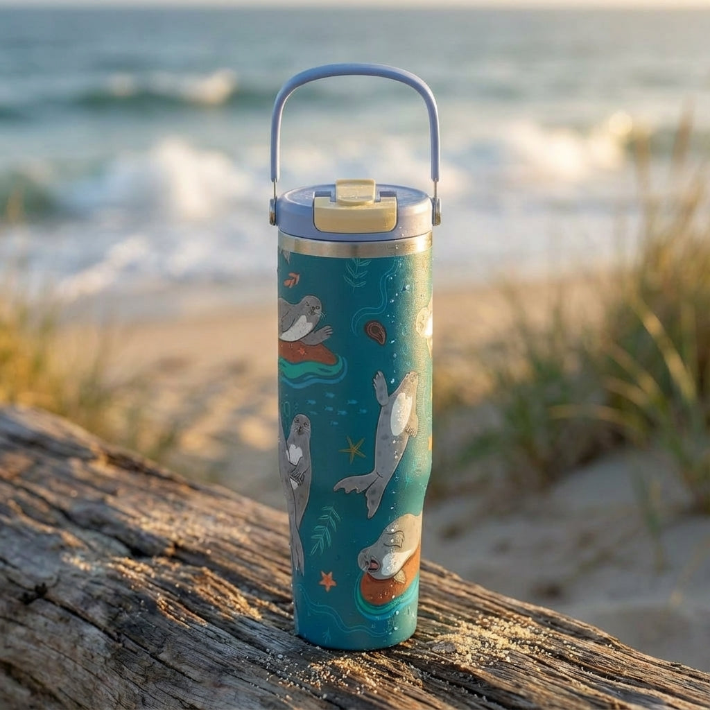 Lifestyle shot - Teal LAMOSE Cascade 40oz tumbler featuring a playful pattern of gray seals, starfish, and seashells with a light blue handle and lid.