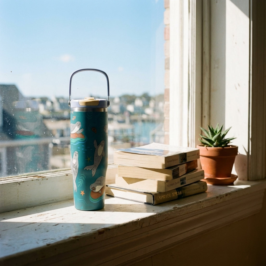In-Use shot - Teal LAMOSE Cascade 40oz tumbler featuring a playful pattern of gray seals, starfish, and seashells with a light blue handle and lid.