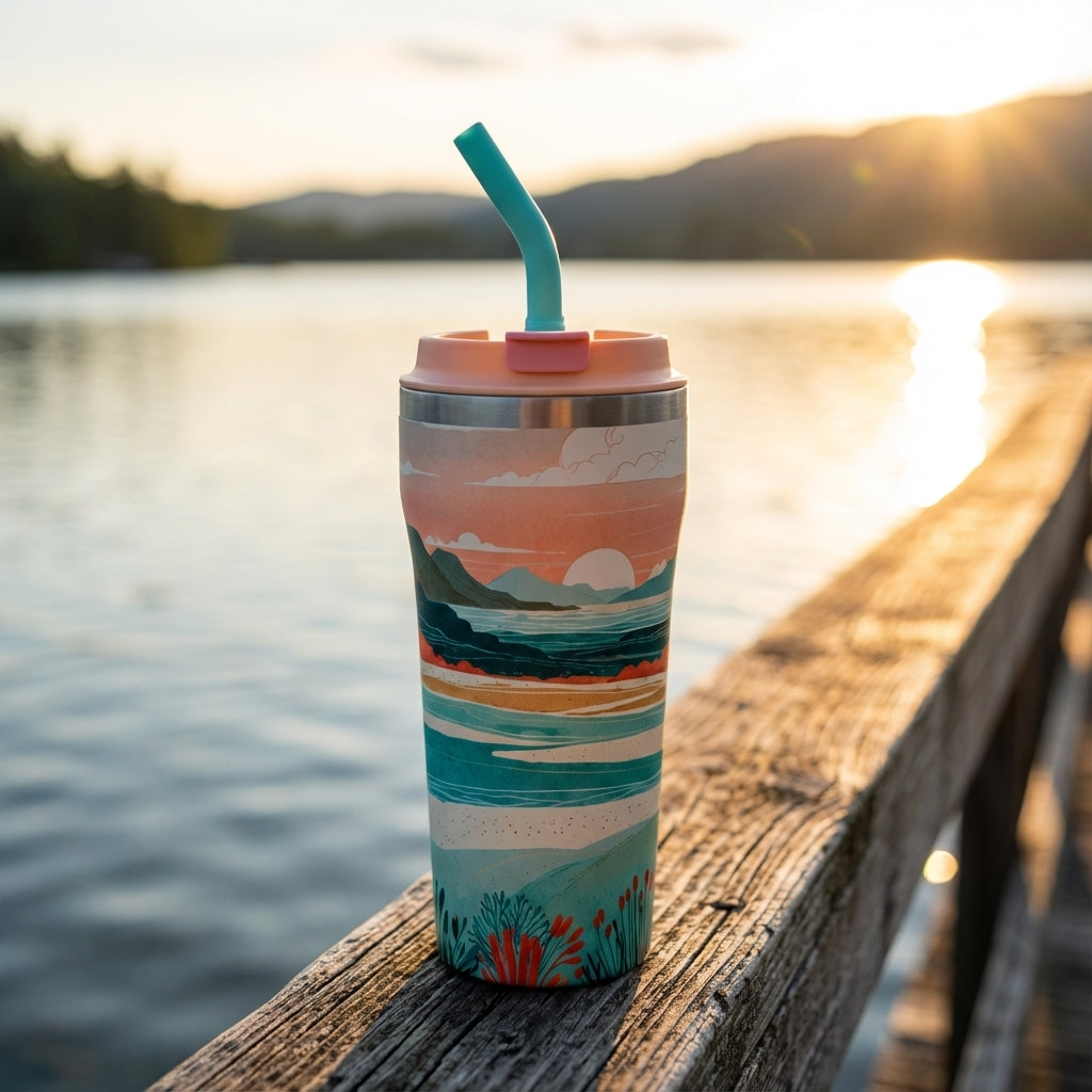 Lifestyle shot - LAMOSE Bow 16oz tumbler featuring a peach and teal mountain landscape design sitting on a wooden surface with a peach lid and blue straw