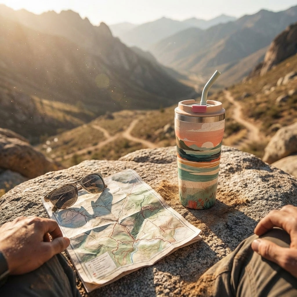 In-Use shot - LAMOSE Bow 16oz tumbler featuring a peach and teal mountain landscape design sitting on a wooden surface with a peach lid and blue straw