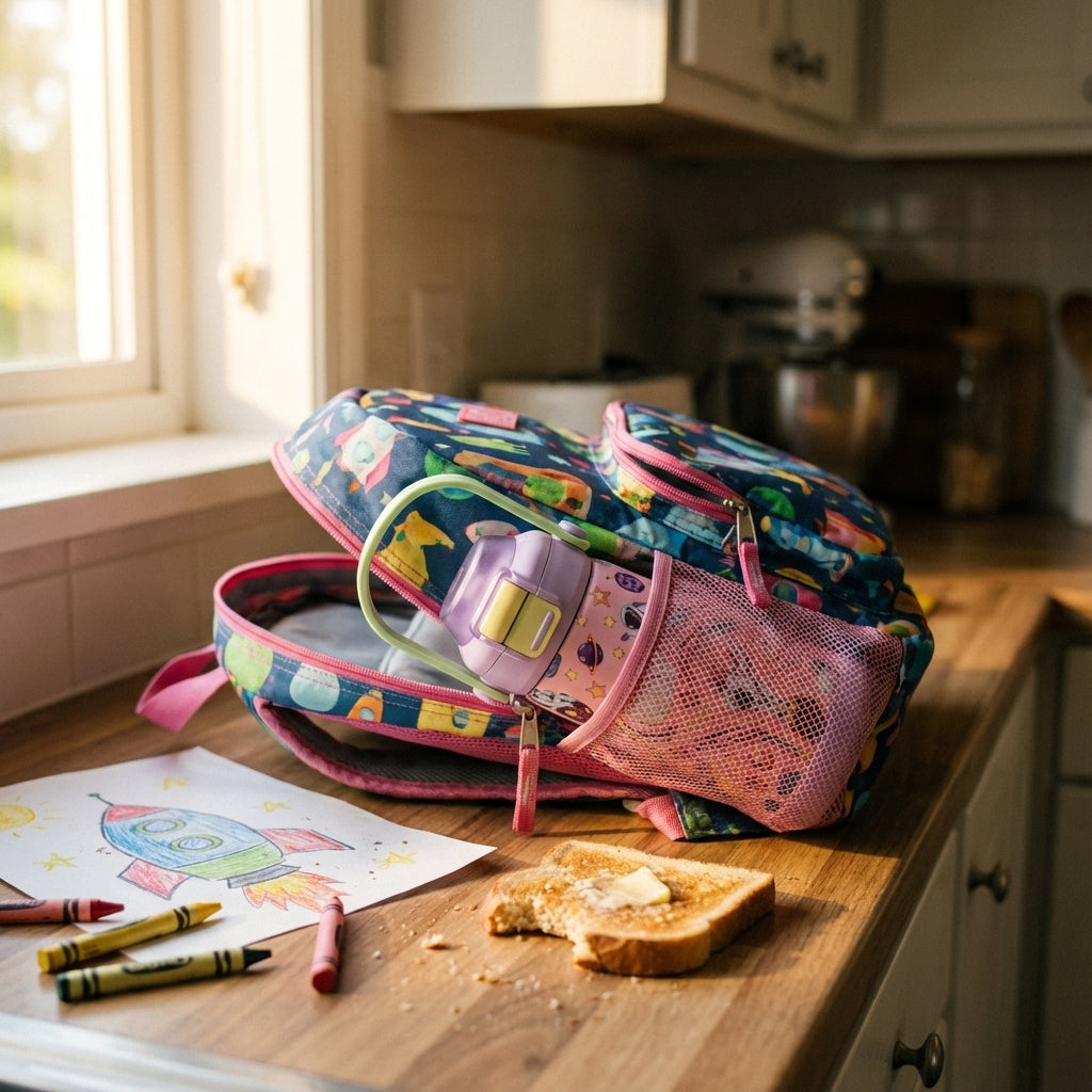 In-Use shot - Pink LAMOSE Goose 14oz kids water bottle featuring unicorns in astronaut suits, planets, and rainbows, with a lavender base and light green handle.
