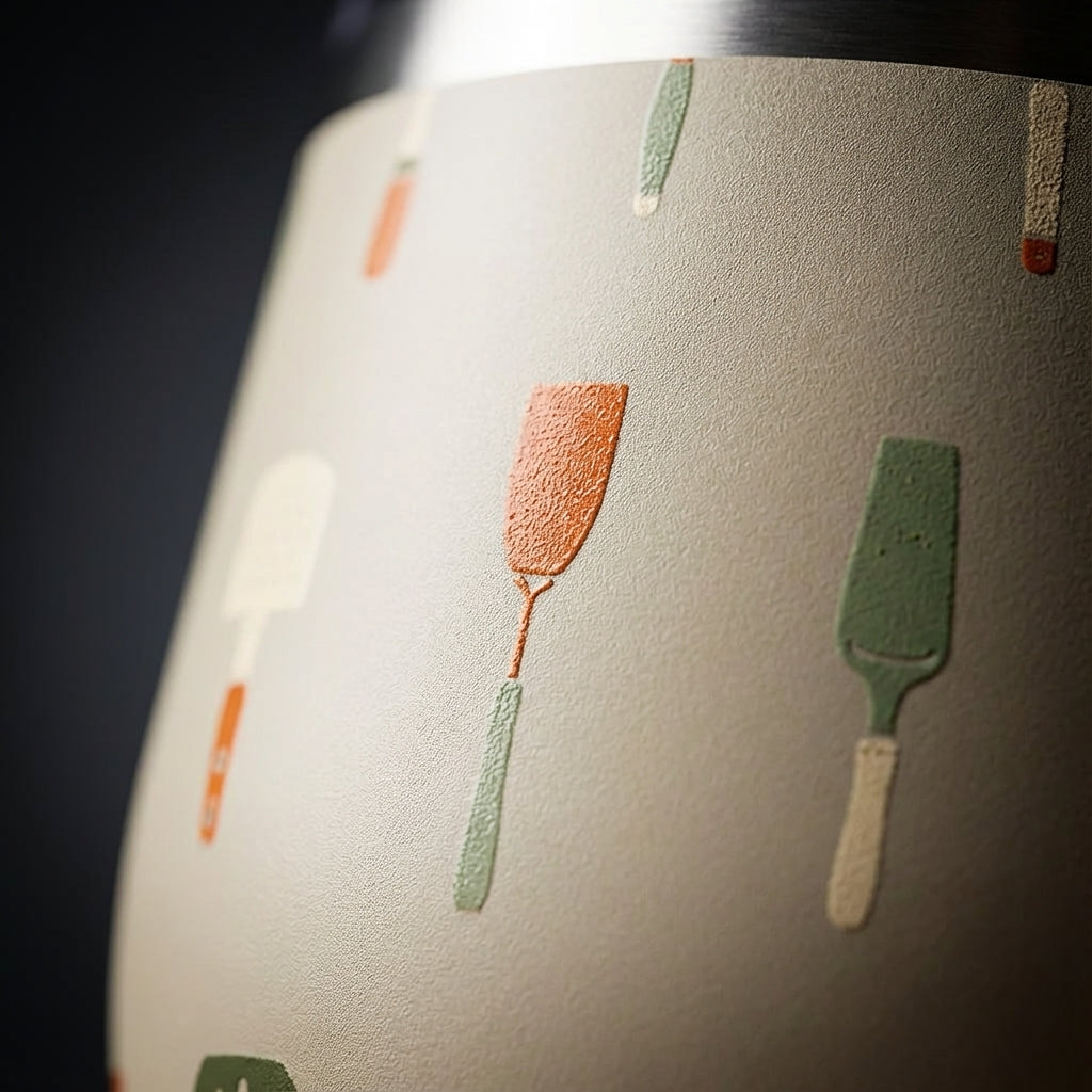 Detail shot - Close up of 16oz insulated wine tumbler featuring a pattern of green, orange, and white kitchen spatulas on a neutral background.
