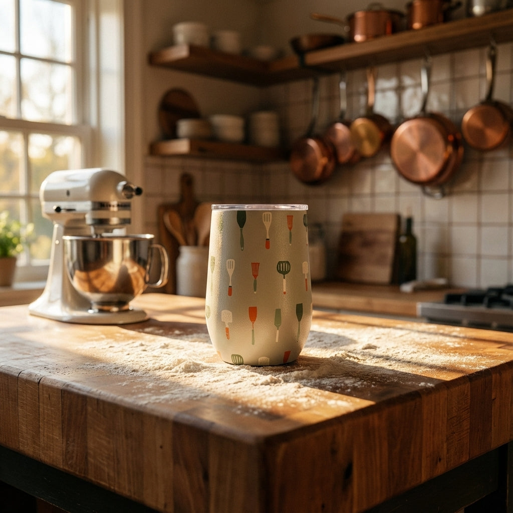 Lifestyle shot - Close up of 16oz insulated wine tumbler featuring a pattern of green, orange, and white kitchen spatulas on a neutral background.