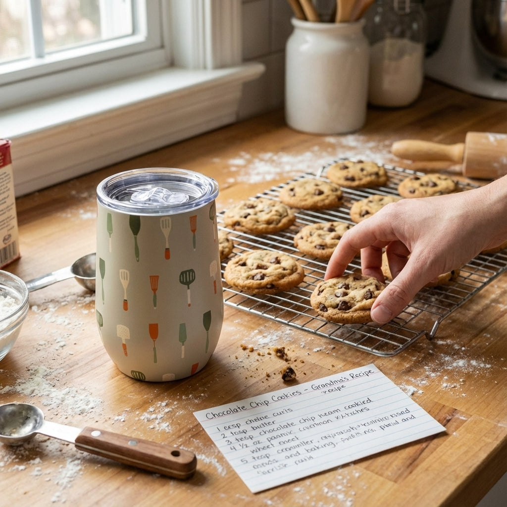 In-Use shot - Close up of 16oz insulated wine tumbler featuring a pattern of green, orange, and white kitchen spatulas on a neutral background.
