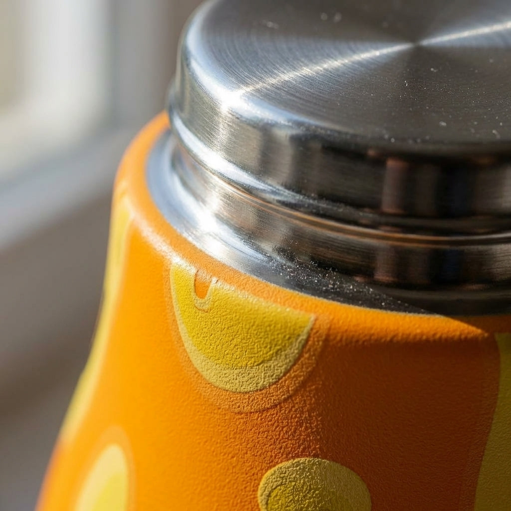 Detail shot - Robson 21 oz insulated water bottle featuring a bright orange background with a pattern of yellow cartoon smiley faces in various expressions
