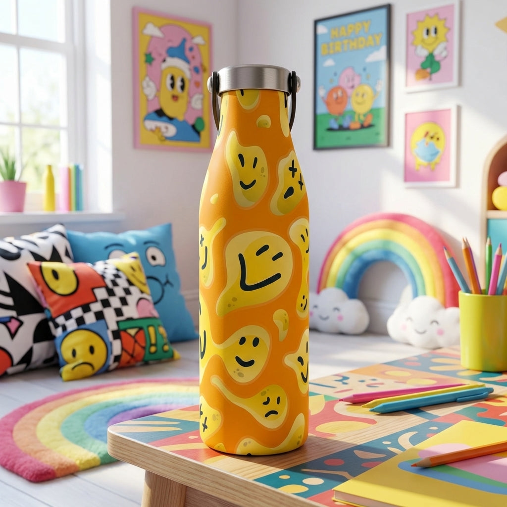 Robson 21 oz insulated water bottle featuring a bright orange background with a pattern of yellow cartoon smiley faces in various expressions