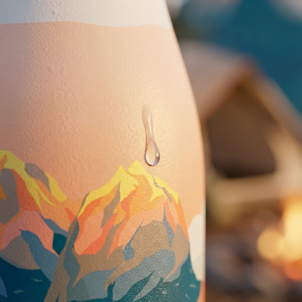 Detail shot - Robson 21 oz insulated water bottle featuring a peach to teal gradient with a wrap-around mountain range and river illustration, silver handle top.