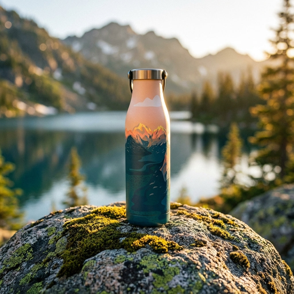 Lifestyle shot - Robson 21 oz insulated water bottle featuring a peach to teal gradient with a wrap-around mountain range and river illustration, silver handle top.