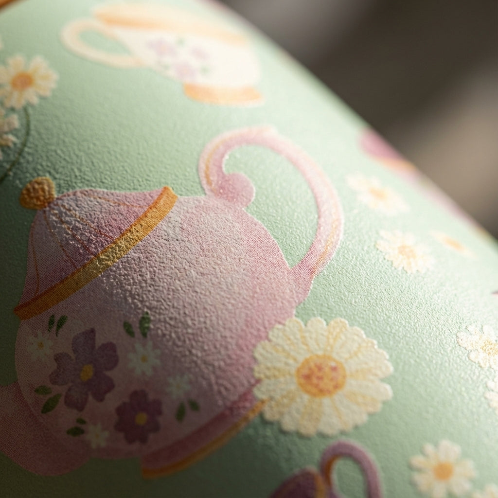 Detail shot - LAMOSE Goose 14 oz kids water bottle featuring a light green body with a pattern of pink teapots, teacups, and daisies, with an orange bottom base.