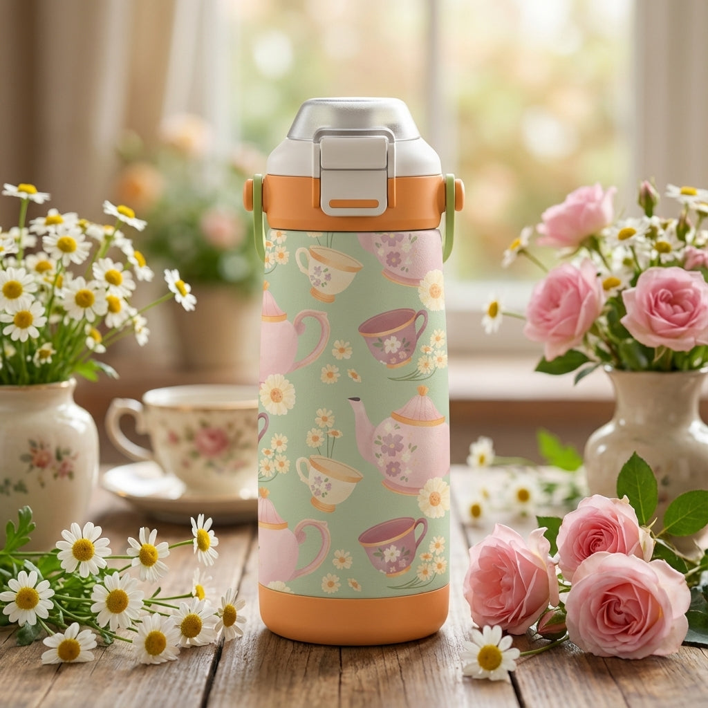  LAMOSE Goose 14 oz kids water bottle featuring a light green body with a pattern of pink teapots, teacups, and daisies, with an orange bottom base.