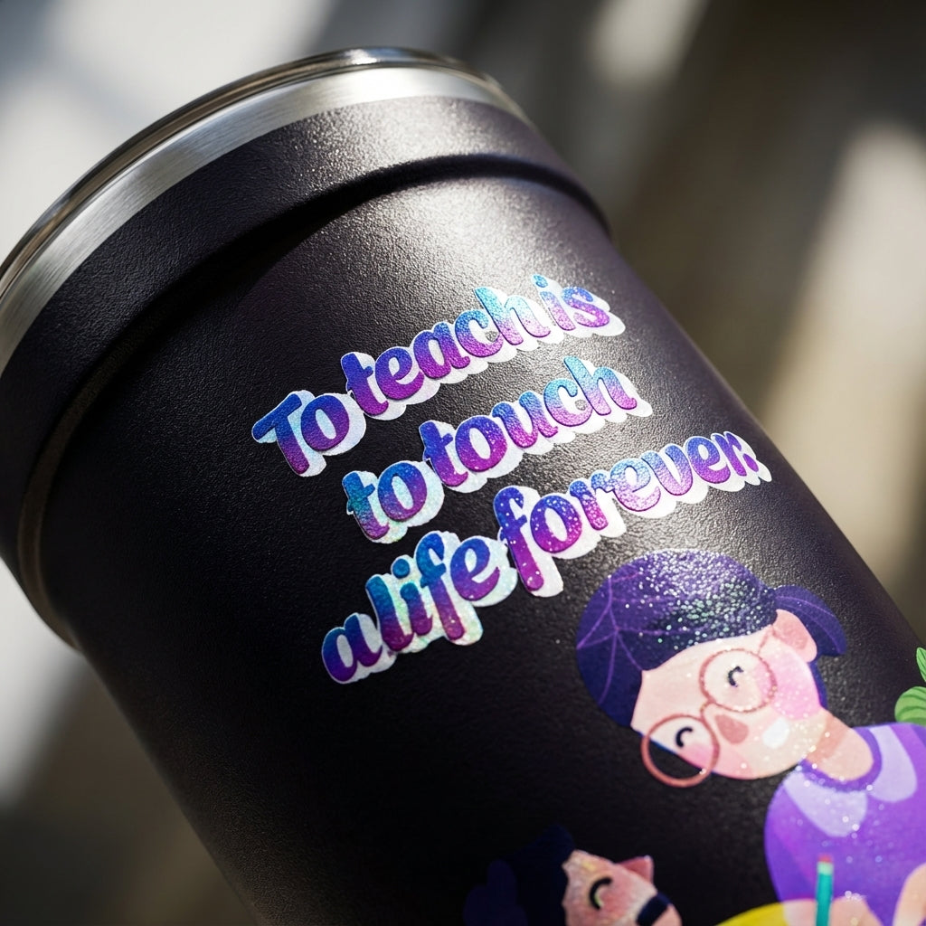 Detail shot - Dark insulated travel cup featuring a vibrant illustration of a teacher helping a student with the iridescent quote To teach is to touch a life forever.