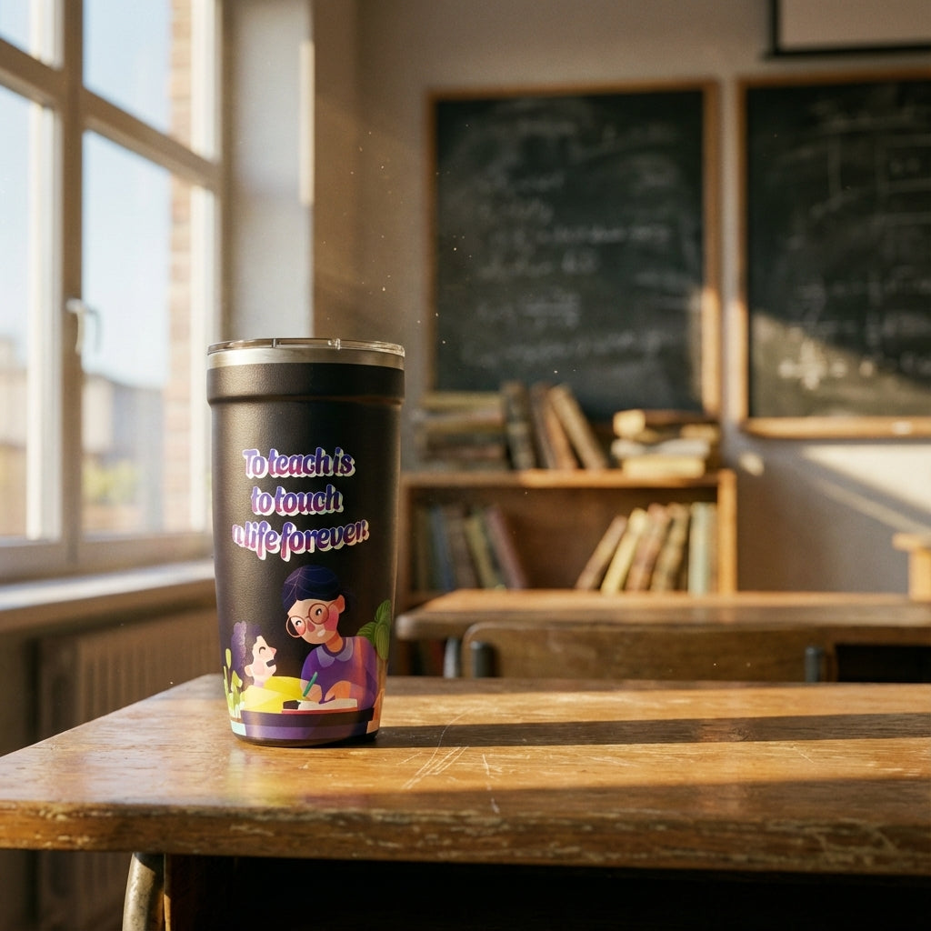 Lifestyle shot - Dark insulated travel cup featuring a vibrant illustration of a teacher helping a student with the iridescent quote To teach is to touch a life forever.
